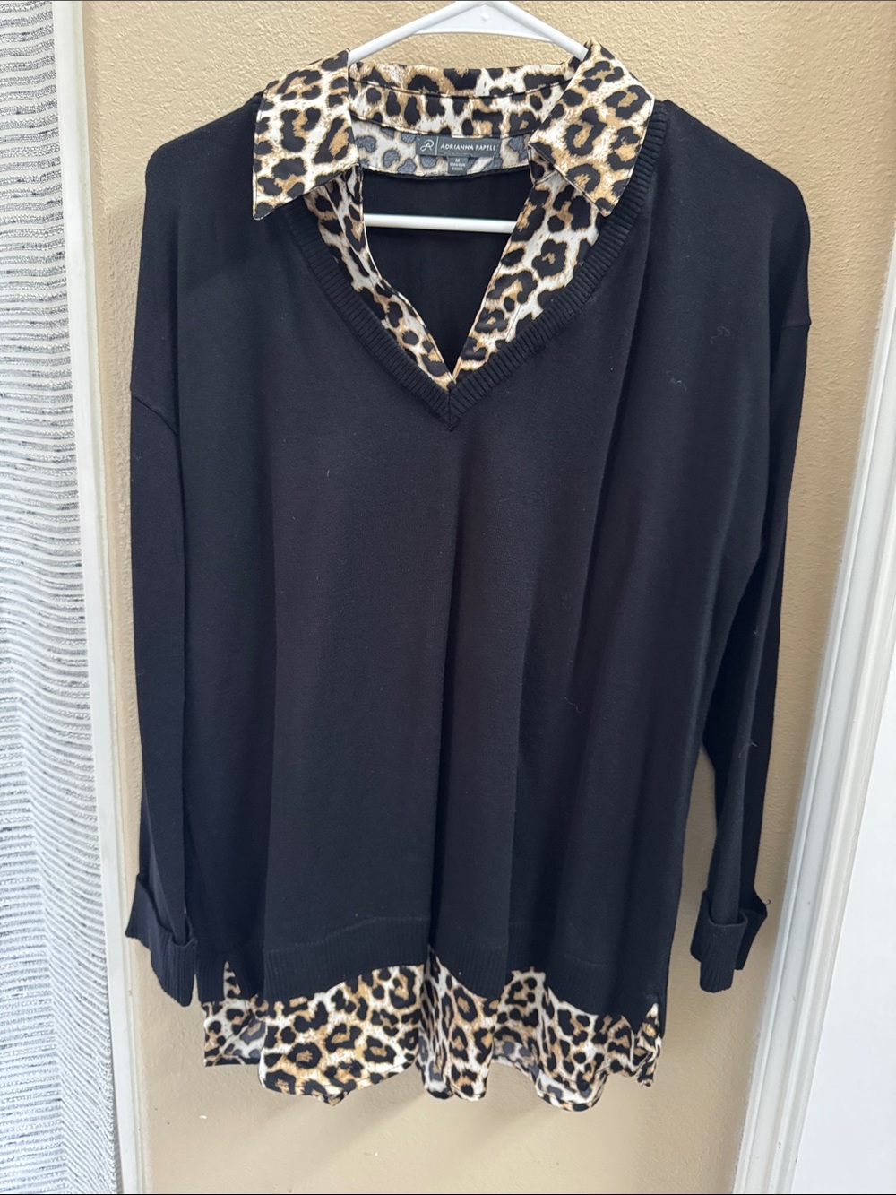 Adrianna Papell Black Sweater Top with Leopard Print Collar and Hem - Medium